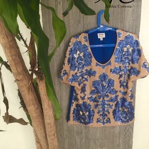 Blue and Tan Sequin Neiman Marcus Blouse!